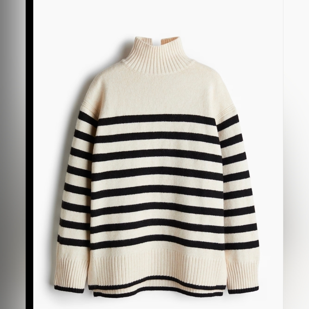 H&M Cream and Black Striped Turtleneck Sweater